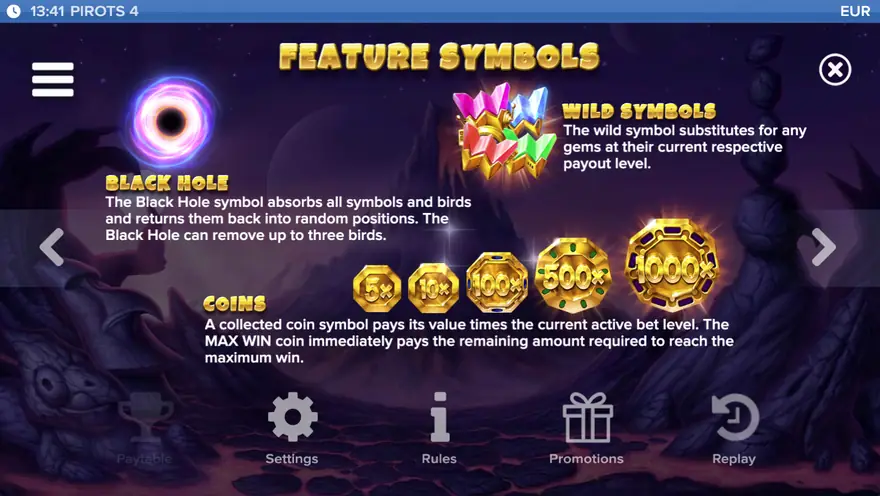 Feature symbols: Black Hole, wilds and coins