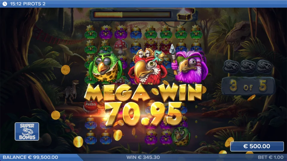 Pirots 2 free demo Mega Win screen in the dino jungle