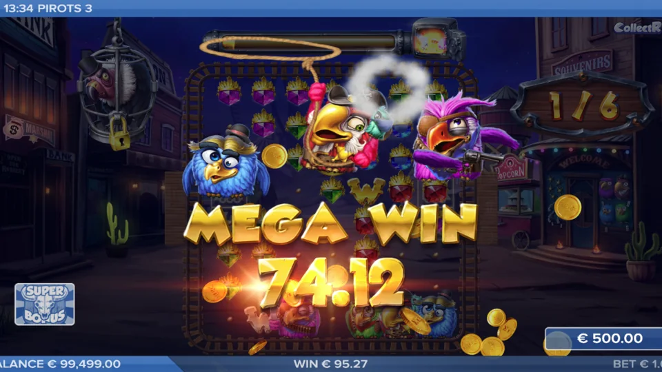Pirots 3 free demo Mega Win screen in the Wild West