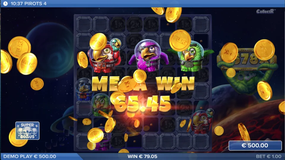 Pirots 4 free demo Mega Win screen with all four parrots in space