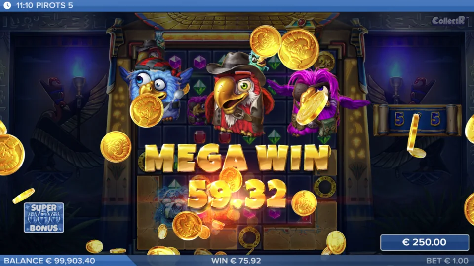 Pirots 5 free demo Mega Win screen inside the Cursed Temple