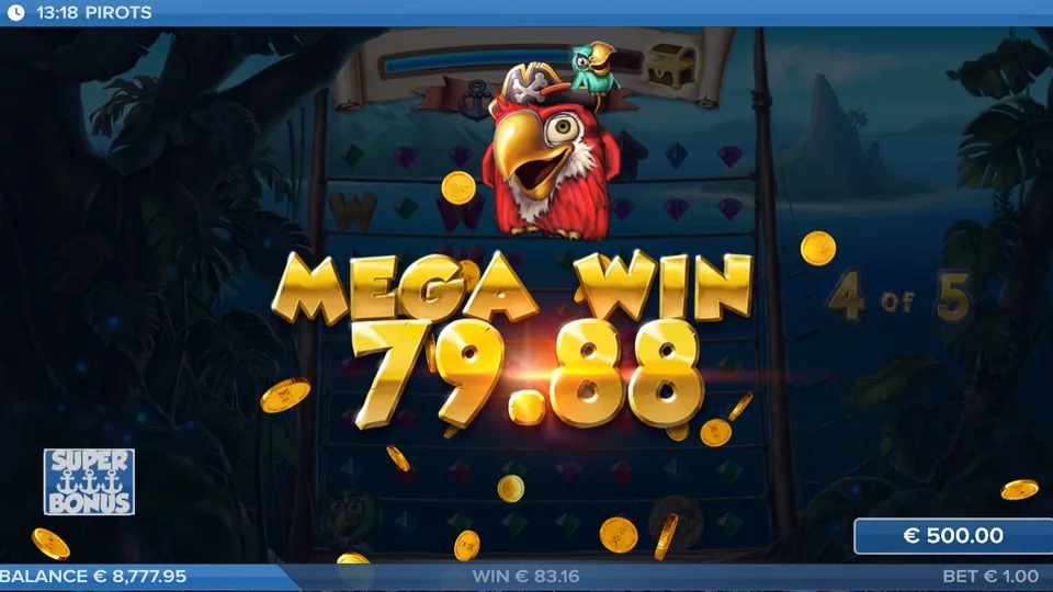 Pirots free demo Mega Win screen with the captain parrot and gold coins