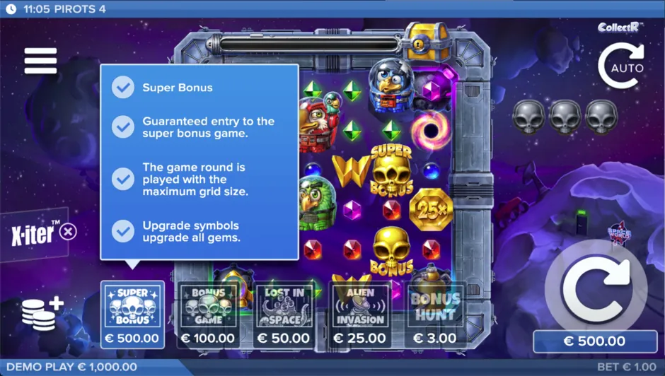 ELK Studios X-iter menu in a Pirots game with five modes
