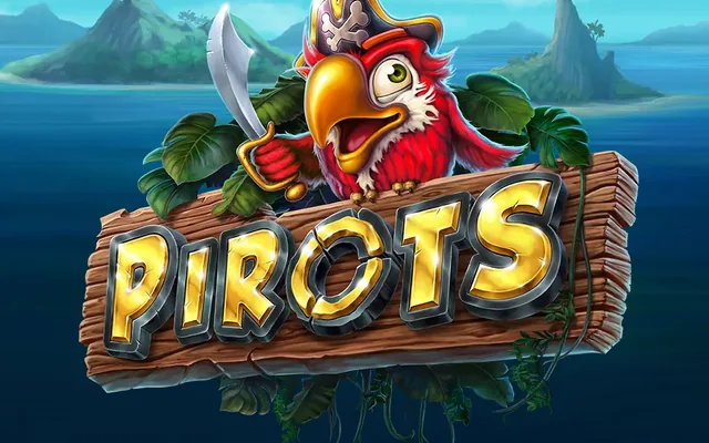 Pirots pokie banner with the pirate parrot on a wooden sign