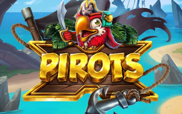 Pirots X pokie banner with an anchor and the red pirate parrot