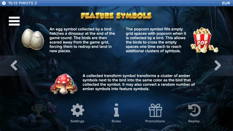Pirots 2 rules screen showing the dinosaur egg, popcorn and transform mushroom