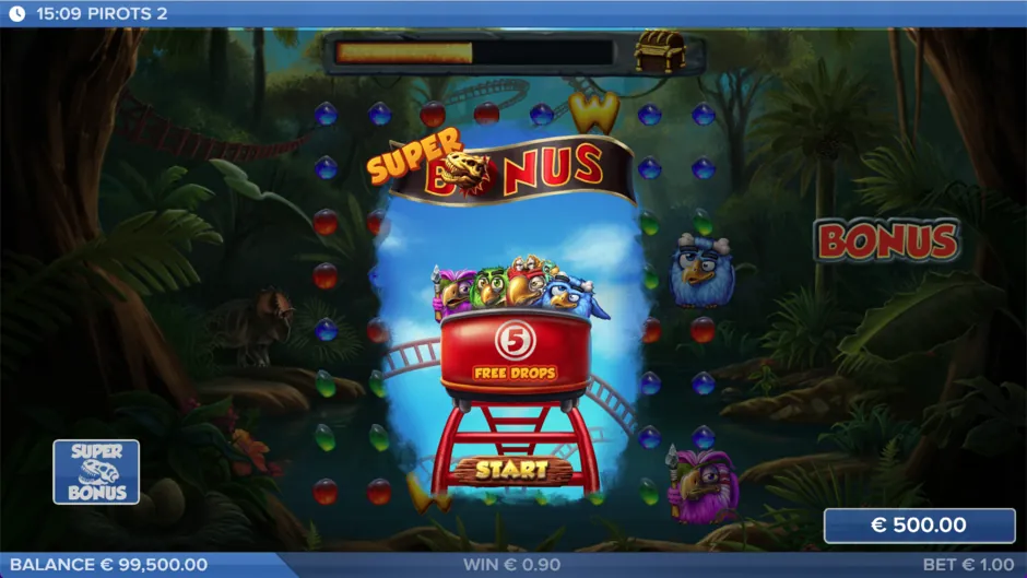 Pirots 2 Super Bonus screen with 5 free drops