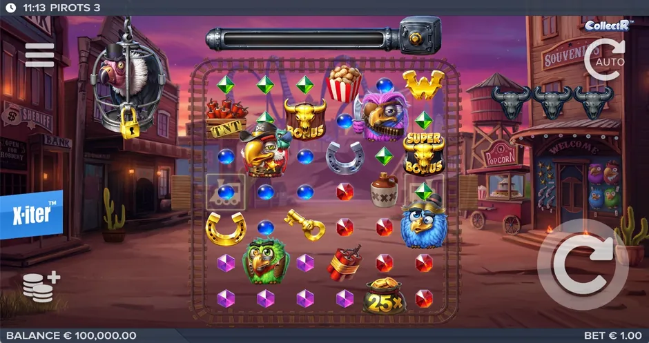 Pirots 3 demo grid on a Wild West street with birds and gems