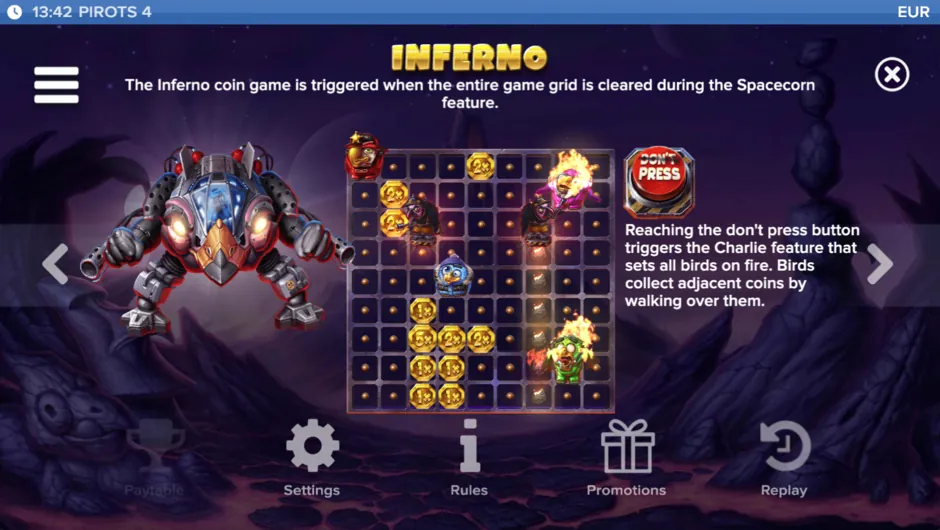 Pirots 4 Inferno coin game with Charlie the robot and the Don’t Press button