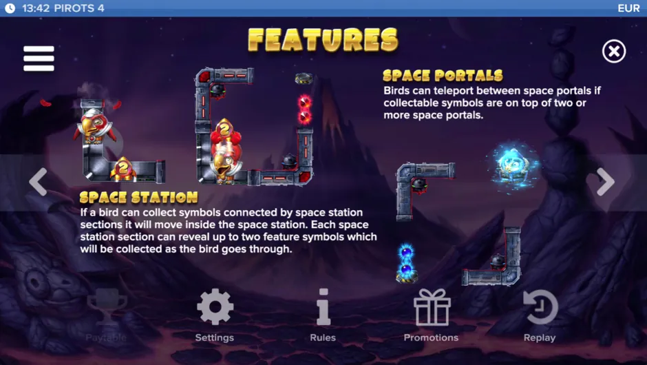 Pirots 4 rules screen for the space station sections and space portals