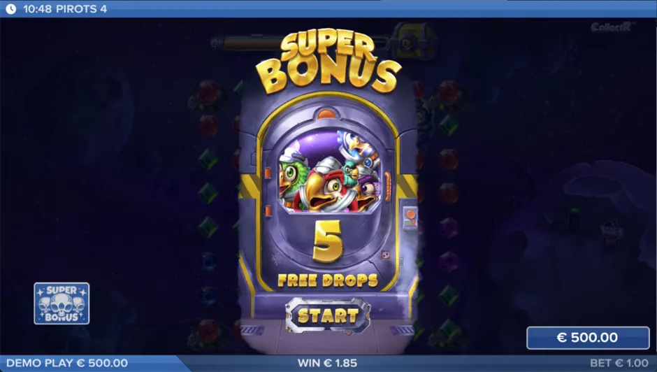 Pirots 4 Lost in Space Super Bonus screen with free drops