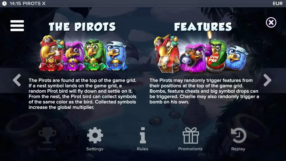 Pirots X rules: birds above the grid, nests, bombs and feature chests
