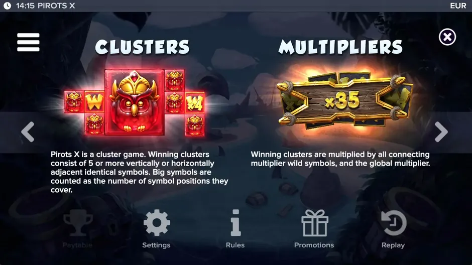 Pirots X rules: clusters of 5 symbols and a ×35 multiplier