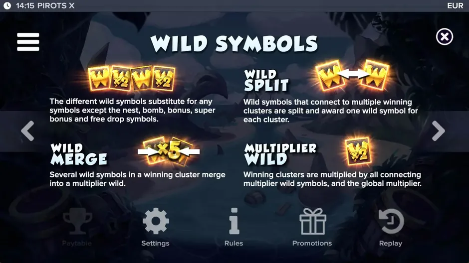 Pirots X wild rules: wild split, wild merge and multiplier wild