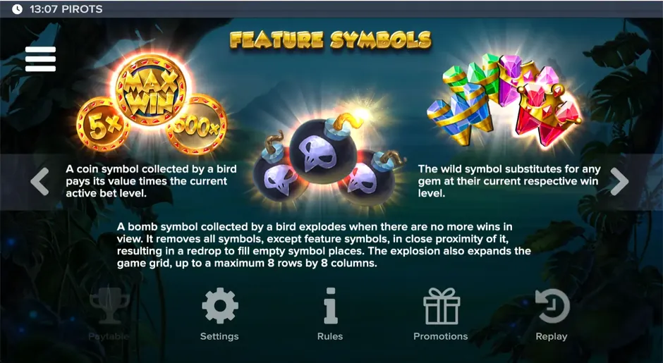 Pirots rules screen for coins including Max Win, the bomb and the wild