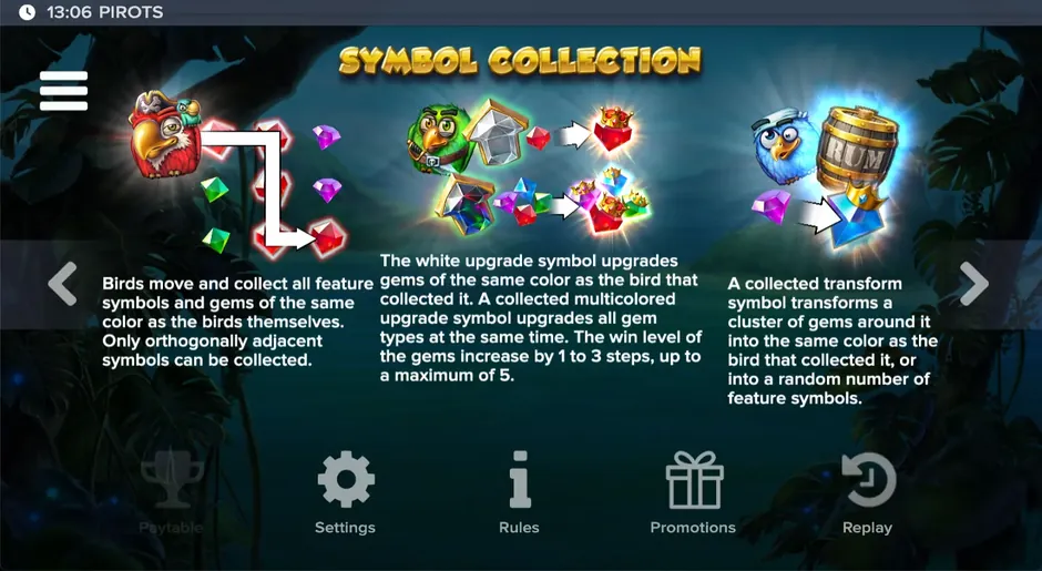 Pirots rules screen: parrots collect gems of their colour, upgrade and transform symbols