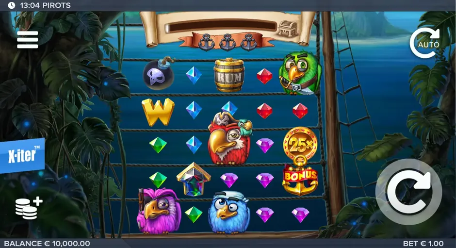 Pirots 5×5 starting grid with four parrots, gems and a bonus anchor