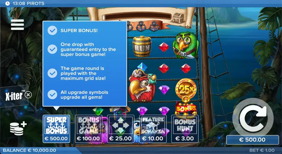 Pirots X-iter menu with prices from 3 to 500 on a 1.00 bet